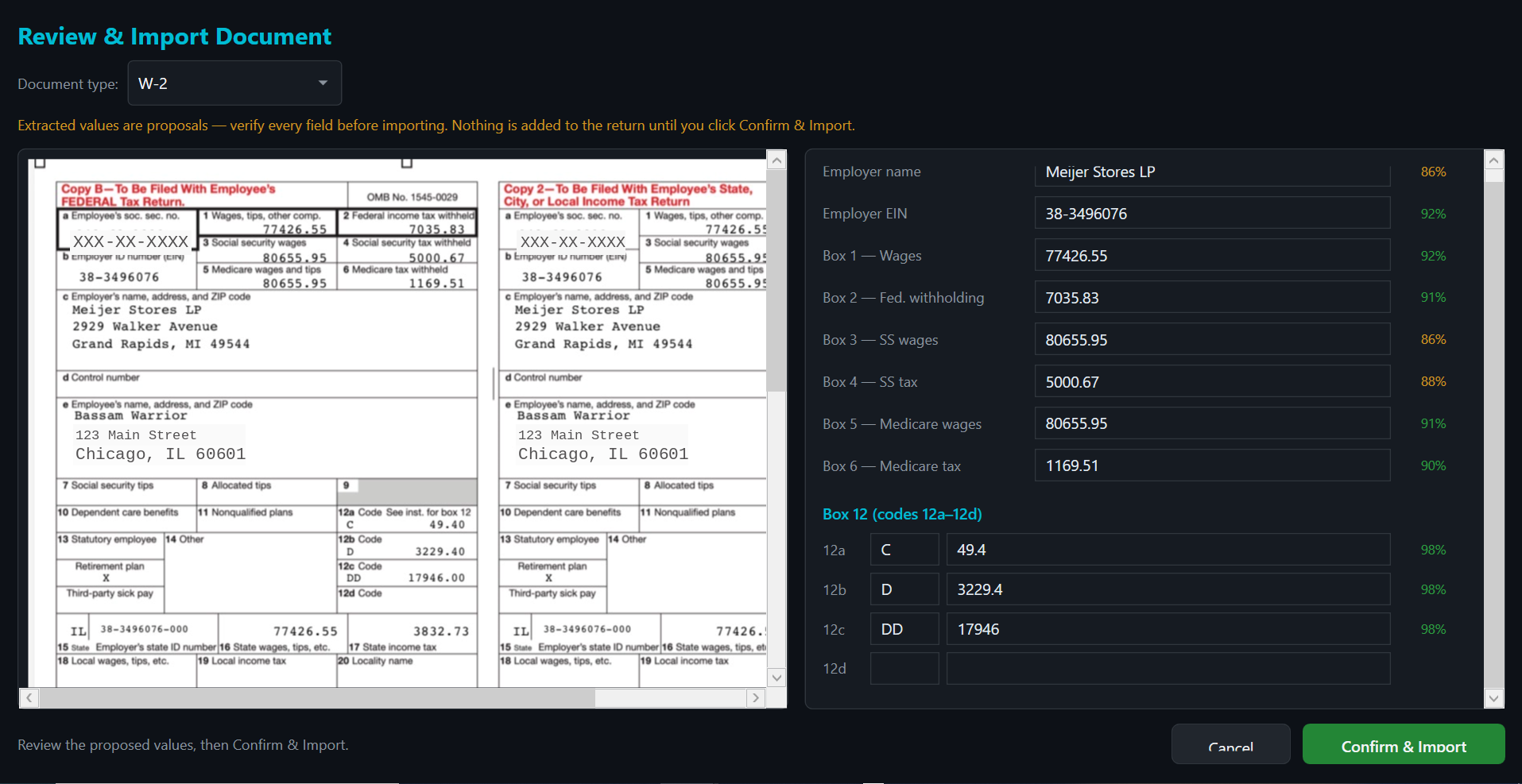 IntelliWarrior document intake extracting W-2 boxes with confidence scores for review