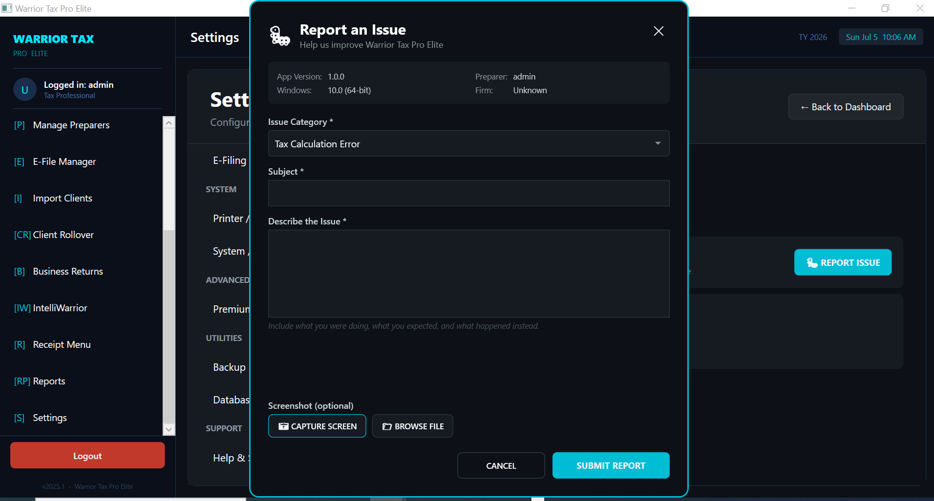 In-app issue reporting form with app version and environment pre-filled