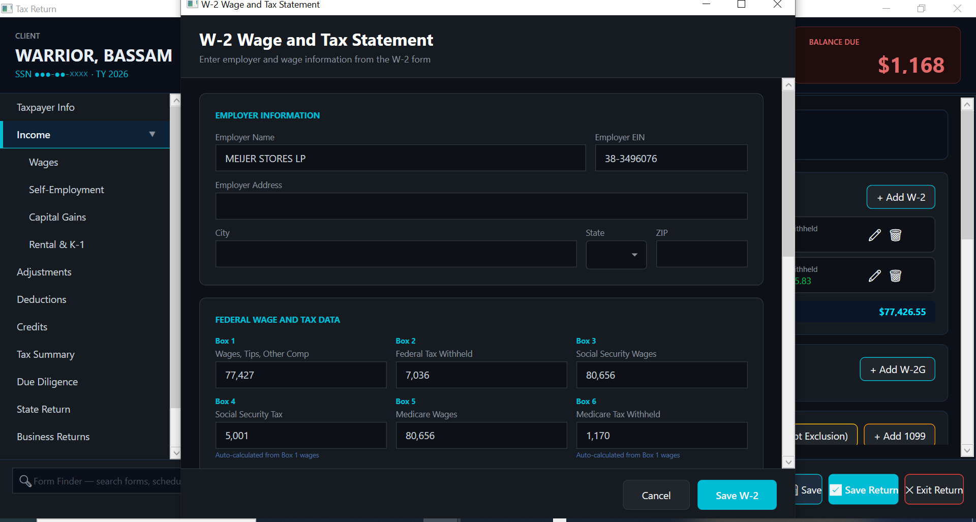 W-2 wage and tax statement entry with a live balance-due panel